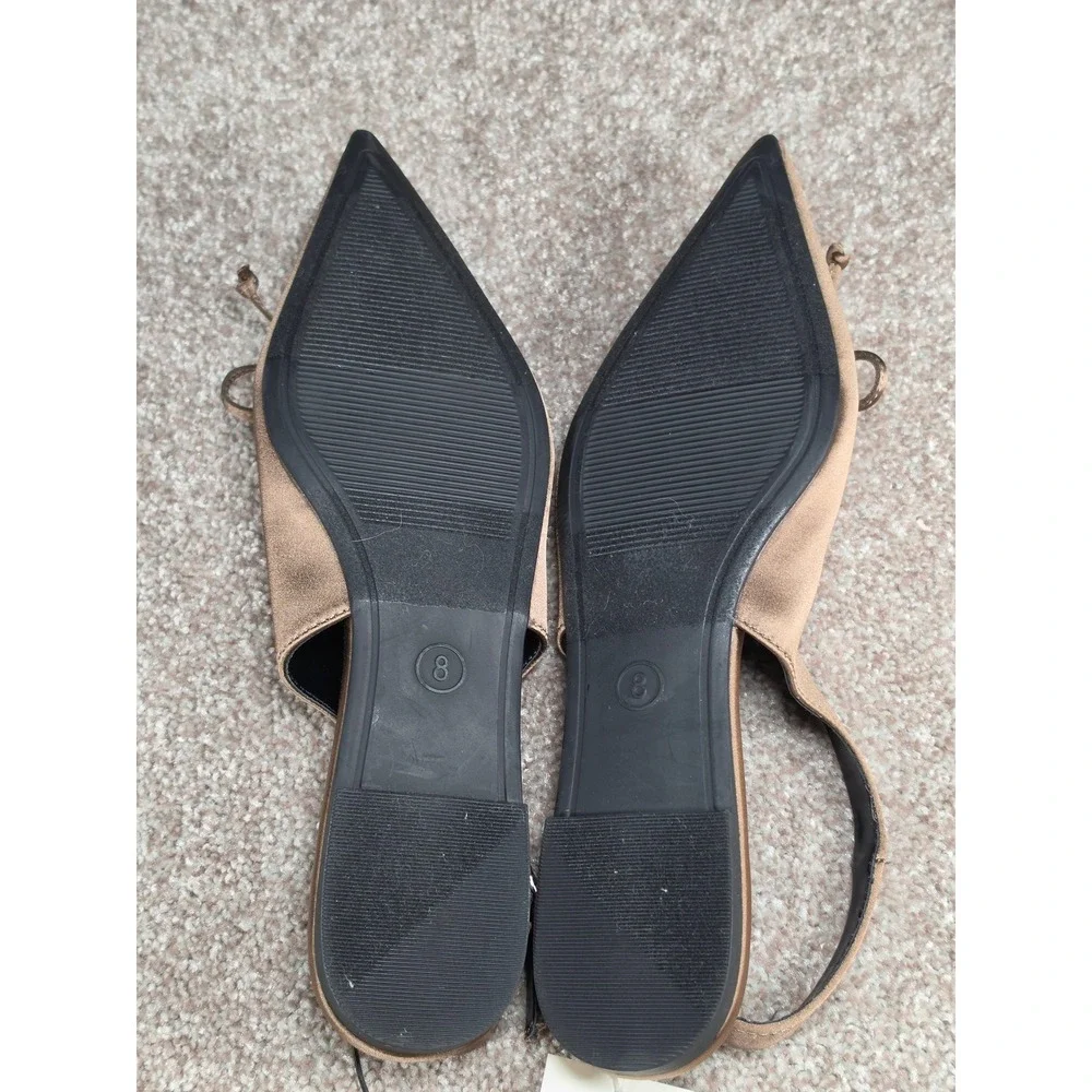 A New Day Camille Taupe Satin Pointed Toe Slingback Bow Flats Shoes Womens 8 NEW
